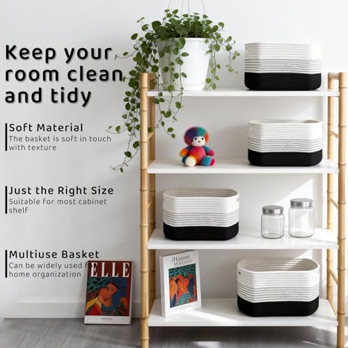 4 Pack Storage Baskets for Organizing, 12''Lx9''Wx8''H Woven Baskets for Storage Toys, Towels, Books, and Clothes, Cotton Rope Basket for Shelves with Handle (White & Black) - color: White & Black