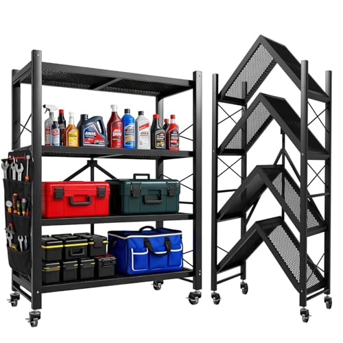 4-Tier Folding Storage Shelves, Heavy Duty Garage Shelving Unit, Adjustable Metal Standing Storage Rack Shelf, No Assembly Wire Shelving Organizer with Wheels for Kitchen Pantry Warehouse - size: 4-Tier