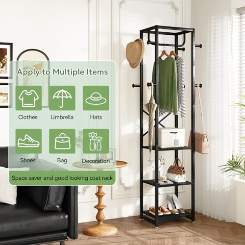 IBUYKE Coat Rack with Shelves, Freestanding Hall Tree with 3 Shelves and 8 Hooks, Industrial Clothes Stand for Entryway, Hallway, Bedroom, Black UTMJ088B - color: Black