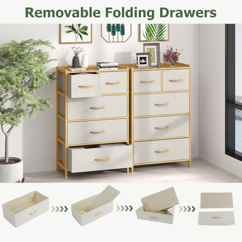 LOKO Fabric Dresser with 5 Drawers, Bamboo Chest of Drawers, Vertical Storage Tower for Small Space, Storage Organizer Unit for Bedroom, Entryway, Living Room, Laundry Room, Closet - size: 12"D x 23"W x 37"H (5 Drawers)