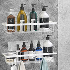 Durmmur 2 Pack Adhesive White Shower Caddy Organizer with Hooks, Rustproof No Drilling Wall Mounted Storage Shelf Rack for Inside Shower/Bathroom/Kitchen - color: White