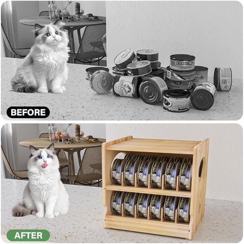 Wood Cat Can Organizer for Pantry, 2 Tier Stackable Can Storage Rack for Kitchen Counter And Cabinet Cat Food Storage Container Holds 36 (3oz) Cans FIFO Design