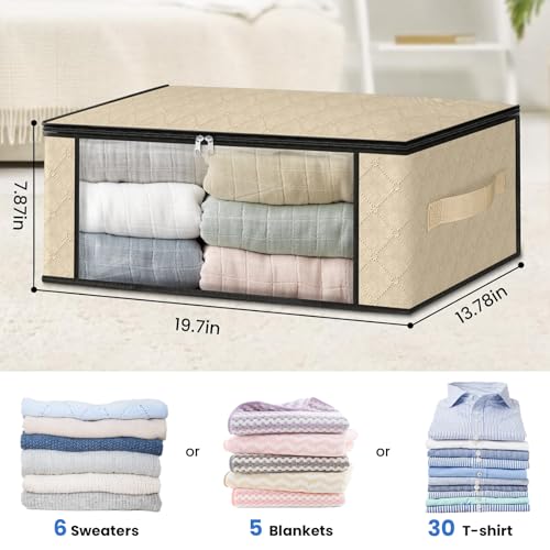 HomeHacks Storage 3-Pack Clothes Organizer Storage Bags Foldable Storage Box with Large Clear Window Sturdy Handles for Closet, Dorm, Pillows, Bedding, Clothes, Blankets, 35L, Beige - color: Beige
