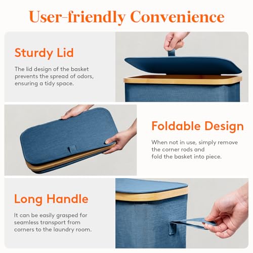 Lifewit 65L Slim Laundry Hamper with Lid, Narrow Laundry Basket with Removable Bag & Bamboo Handles, Fodable Thin Dirty Clothes Hamper for Laundry Collapsible Bin for Bathroom Bedroom Dorm, Dark Blue - color: Dark Blue, size: 65L