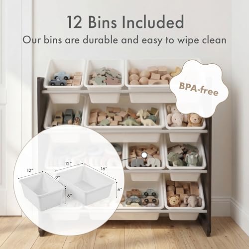 Humble Crew Toy Storage Organizer with 12 Removable Storage Bins for Kids Playroom, 4-Tier Toddler Toy Organization, Espresso/White - color: Espresso/White