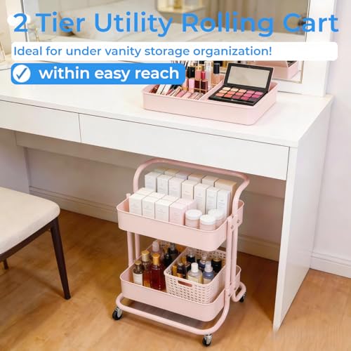 2 Tier Short Rolling Cart with Wheels All-Metal Pink Pantry Storage for Kitchen,Under Desk Trolley with Handle Small Wheeled Storage Cart for Laundry Room Bathroom, Under Table Small Space - color: C-pink