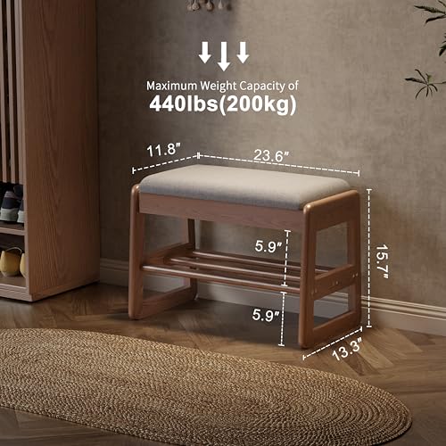 AQIMUELE Shoe Rack Bench,2 Tiers Shoe Bench with Storage with Flip-Top,Wood Shoe Rack for Entryway,Hallway（Walnut Upholstered Seat,11.8" D x 23.62" W x 15.7" H） - color: Walnut Upholstered Seat, size: 11.8"D x 23.62"W x 15.7"H