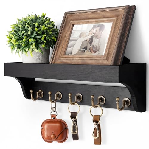 Rebee Vision Key Holder for Wall with Shelf : Decorative Key Organizer with 5 Rustic Keys Hooks and Primitive Wood Mail Organizer Wall Mount - Entryway Décor (Black) - color: Black