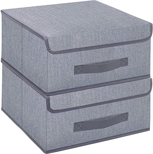 Onlyeasy Foldable Storage Bins Cubes Boxes with Lid - Storage Box Cube Cubby Basket Closet Organizer Pack of 2 with Leather Handles for Closet Bedroom, 13" x 13", Linen-like Grey, MXDLB2P - color: Linen-like Grey - M