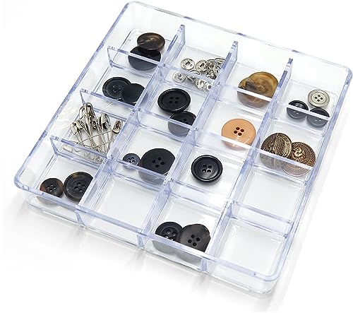 carrotez Small Stackable Jewelry Organizer Tray, 16 Grid, Clear Plastic Drawer Organizer for Makeup, Accessories, Desk, Vanity