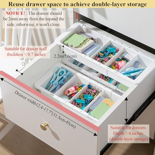 3 Pcs Expandable Drawer Organizer Bins Adjustable Deep Drawer Hanging Organizer Tray Expandable 11.4 to 18.1 Inches Plastic Dividers Storage for Office Bathroom Bedroom Kitchen Desk, White