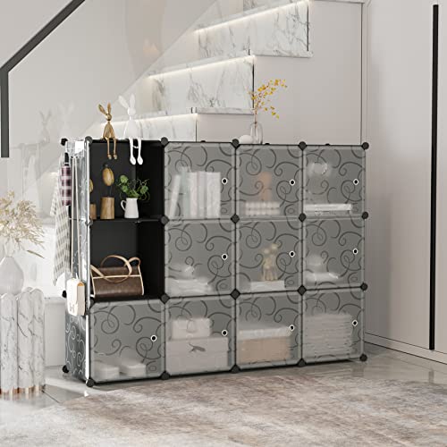 C&AHOME Cube Storage Organizer with Doors, 12-Cube Shelves, Closet Cabinet, DIY Plastic Modular Bookshelf Ideal for Bedroom, Living Room, 36.6”L x 12.4”W x 48.4”H Black USHS3012B-DOOR - color: Black