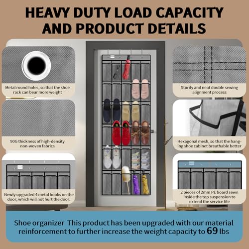 PAULONE Over the Door Organizer with 30 Large Pockets, 3 Sizes of Closet Hangers, Holds up to 69 lbs, Hanging Organizer with Clear Window for Children's Toys, Shoes, Diapers (Gray) - color: Gray