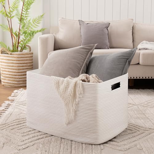 OIAHOMY 118L XXXLarge Cotton Rope Storage Basket, Oversized Blanket Basket, Used for Organizing Dirty Clothes in Living Room, Bedroom, Nursery, Dog Toy Storage Bins, 25" x 17" x 16",White - color: White