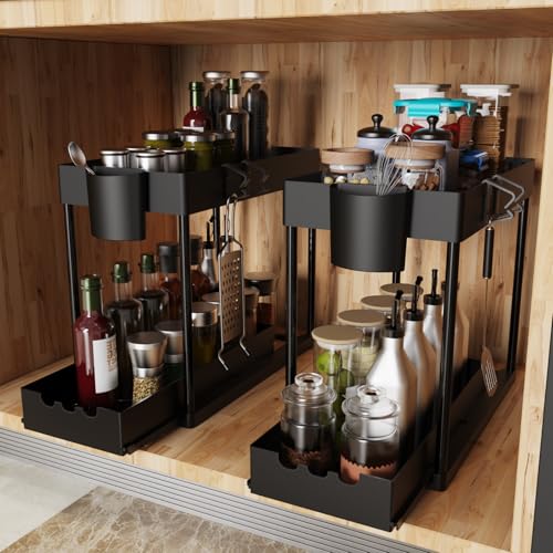 2 Pack Under Sink Organizers and Storage, 2-Tier Sliding Cabinet Organizer Drawer for Bathroom and Kitchen – Multi-Purpose Cabinet Organizer with Easy Pull-Out Design (Black) - color: Black., size: 2 Pack
