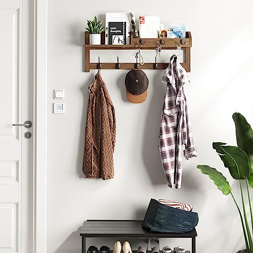 AMBIRD Wall Hooks with Shelf, 26.57 Inch Entryway Wood Coat Hooks for Wall with Shelf, Coat Rack Wall Mount with 5 Dual Hooks 3 Key Hooks Mail Organizer and Key Rack Holder (Brown) - color: Brown, size: 26.57" L