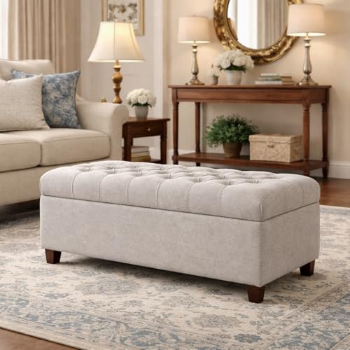 Homepop Home Decor | Tufted Ainsley Button Storage Ottoman Bench with Hinged Lid | Ottoman Bench with Storage for Living Room & Bedroom, Grey - color: Textured Gray