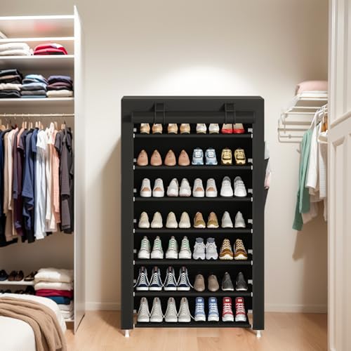 Laiensia 7-Tier Vertical Shoe Rack Organizer, Space Saving Shoe Storage Organizer, Non-Woven Cover Shoe Shelf Holds 28-35Pairs for Bedroom, Hallway, Closet Entryway, Black - color: Black, size: 7-tier