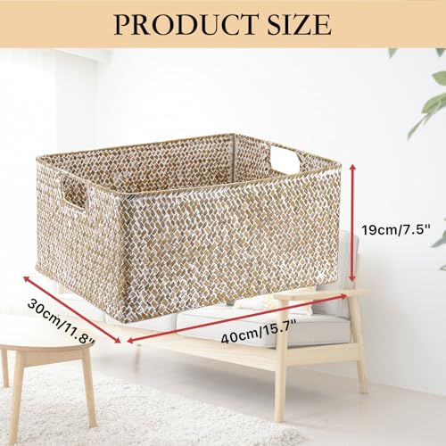 Hipiwe Seagrass Storage Basket Bin Rectangular Handwoven Wicker Storage Box with Handle Opened Baskets Box for Shelf Organizing Closet Bathroom, 15.7" L x 11.8" W x 7.5" H - color: Whitewash, size: X-Large,16.1"x11.8"x7.7"