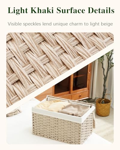 SETVSON Storage Basket with Lid Rattan Woven Storage Baskets with 2 Separate Lids, 17.2 Gallon (65 L) Wicker Storage Bins Foldable 2 Removable Liner Bags Handles for Bedroom, Laundry Room Light Khaki - color: Light Khaki, size: 65L-22L*13W*13.8H