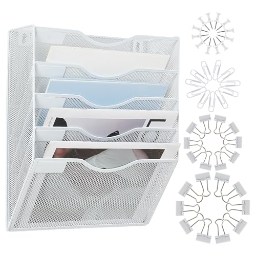 LEKETREE Hanging Wall File Organizer with Office Assorted, 5 Pockets Mesh Wall Mounted File Folder Holder for Mail, Paper, Document, Binder, Magazine, Menu (White) - color: White