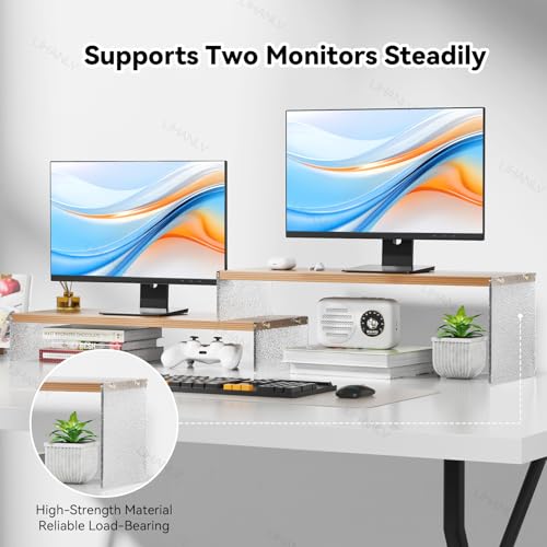 Adjustable Monitor Stand Riser with Acrylic Legs丨7.67" Wide Dual Monitor Stand for Desk丨2-Tier Wood Desktop Organizer for Computer, Laptop, Printer & PC丨Modern Aesthetic Desk Shelf(wood-glacial striae) - color: wood-glacial striae, size: 7.67' W*19.3L