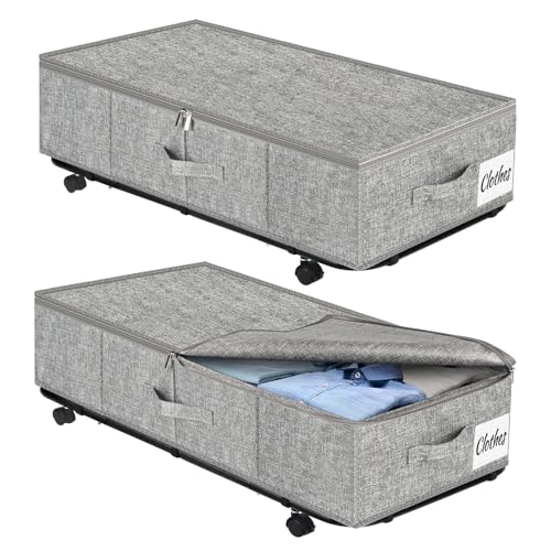 Large Sturdy Under Bed Storage with Wheels, 2 Pack 50L Rolling Underbed Storage Bins, Under Bed Containers Drawer with Metal Bottom Support, Bedroom Organizer with Lids for Clothes, Shoes, Blankets - color: Grey-2 Pack, size: 9 Inch Tall - Regular Lid