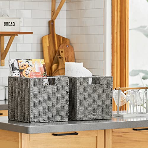 Vagusicc Wicker Storage Basket, Set of 2 Hand-Woven Storage Baskets for Shelves with Handles, Foldable Cube Storage Baskets Bins Organizer 13 inch Large Wicker Baskets for Pantry Bedroom Decor, Grey - color: Grey, size: 13'' x 13'' x 13''