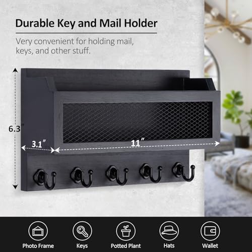 Nekon Mail and Key Holder for Wall Decorative, 11 Inch Wooden Wall Key Organizer with 5 Key Hooks, Wall Mount Storage Shelf for Entryway Hallway (Black) - color: Black
