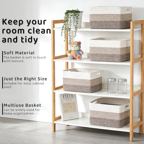 4 Pack Storage Baskets for Organizing, 12''Lx9''Wx8''H Woven Baskets for Storage Toys, Towels, Books, and Clothes, Cotton Rope Basket for Shelves with Handle White & Brown - color: White & Khaki