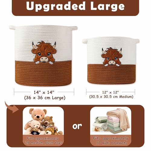 INough Large Blanket Baskets for Living Room, Highland Cow Storage Baskets for Toys Organizer Woven Cotton Rope Basket for Kids, Clothes Hamper with Embroidery Highland Cow Decor for Nursery Laundry - color: Cow, size: Large