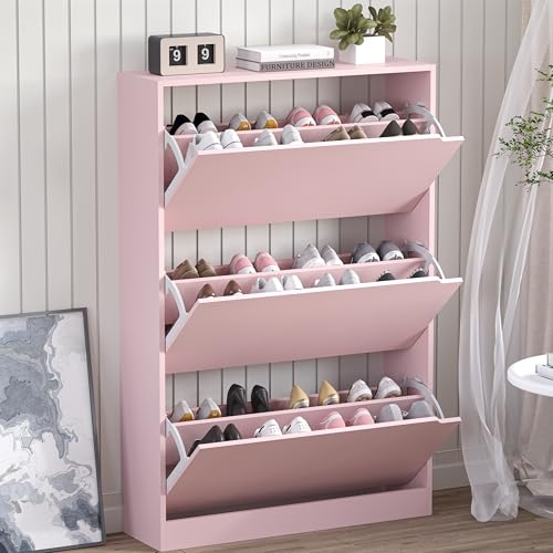 BORNOON Shoe Cabinet with 3 Flip Drawers, Hidden Wood Shoe Cabinet,Freestanding Shoe Storage Cabinet for Entryway Hallway.White. 47.2" H*31.5" W*9.45" D (Pink) - color: Pink, size: 3 Drawers