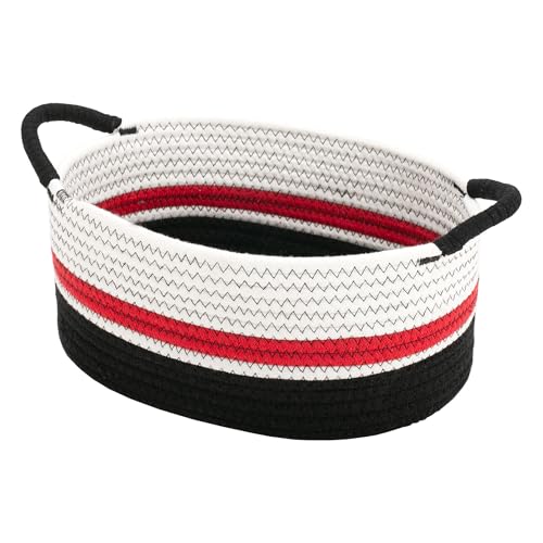 Yimi's Dream Cotton Rope Basket – Woven Gift Basket with Handles, Decorative Storage Basket for Christmas, Housewarming, Mother's Day, Shelf, Chest, Toys - color: red&black with black handle, size: Oval - 12"x8"x5"