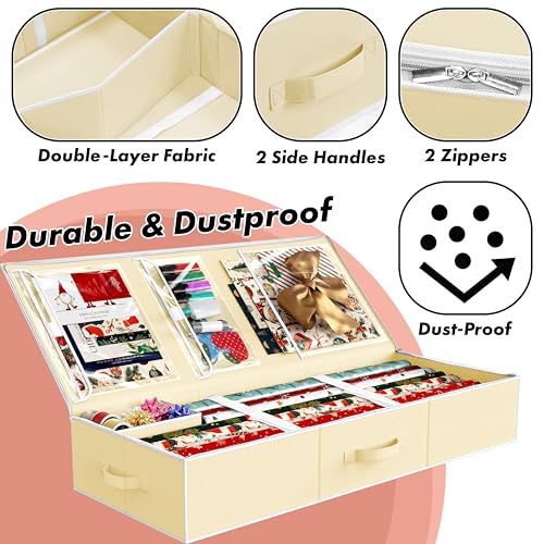 Simple Houseware 41.5" Wrapping Paper Storage Organizer - Fits 40 Rolls with Adjustable Straps, Interior Divider for Ribbons & Bows, 3 Clear Pockets for Gift Bags & Tools, 41.5''L x 16''W, Beige - color: Beige