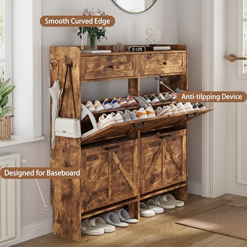 Shoe Cabinet with 4 Flip Drawers & 2 Top Drawers, 43" Tall Freestanding Narrow Wooden Shoe Storage Organizer for Entryway, Hidden Slim Shoe Rack for Front Door Entrance, Hallway, Living Room, Brown - color: Brown, size: 4 Flip Drawers