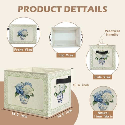 Chinoiserie Hydrangea Floral Storage Bin Box with Handles, Blue and White Porcelain Hydrangea Flower Foldable Linen Fabric Laundry Basket for Home Bedroom Bathroom Clothes Toys Books - color: Blue and White