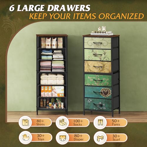 WLIVE Tall Dresser for Bedroom, 6 Drawer Vertical Fabric Dresser, Skinny Chest of Drawers for Closet, Narrow Storage Tower with Metal Frame, Tall Nightstand for Small Spaces, Floral Painted - color: Floral Painted, size: 11.73"D x 15.67"W x 39.37"H
