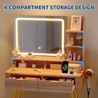 Garvee Makeup Vanity Desk with Mirror and Lights, Fluted Design, 31 in Small Storage Cabinet & 2 Drawers, 3 Lighting Modes, Stylish Dressing Table for Bedroom - color: Wood