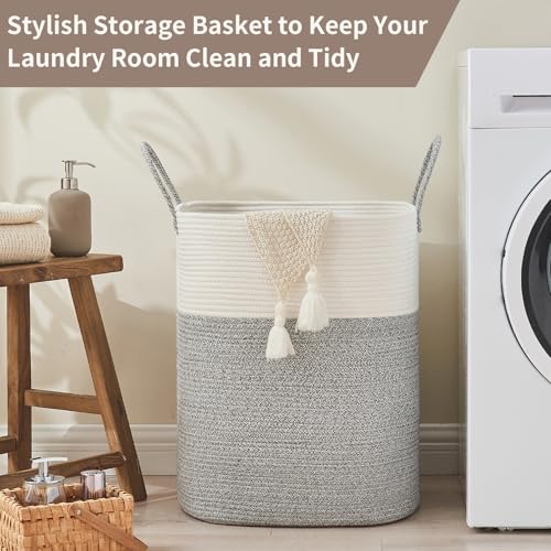 AINUOQI Laundry Basket with Handles - Blanket Basket & Hampers for Bedroom Aesthetic, Laundry Hamper & Blanket Storage for Living Room, Clothes Hamper, Tall, Large 17" x 14" x 24”, White & Grey - color: Light Grey, size: 85L
