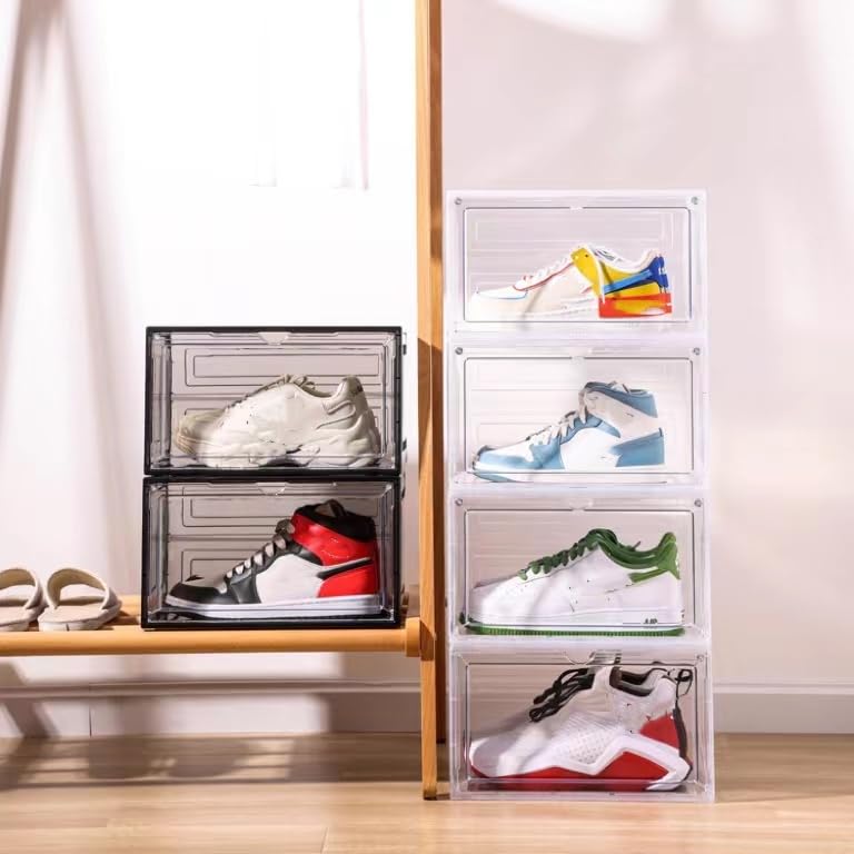 Attelite Shoe Box, Upgraded Large Clear Shoe Storage Box Stackable, 8 Pack Thicken Plastic Shoe Containers, Drop Front Large Magnetic Door,Shoe Storage Organizer for Display Sneakers - color: Black clear, size: L-8-pcs-Large magnetic door