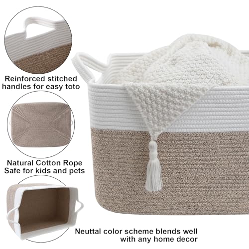 96L Large Blanket Basket,24"x16"x15"Rectangle Storage Bin with Handles,Woven Rope Laundry Basket for Toys, Clothes,Magazines,Home Organization,Nursery,Living Room & Bedroom,White & Brown - color: White & Brown, size: 24"x16"x15"(96L)