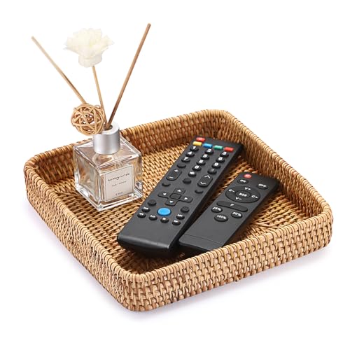 BTSKY Small Remote Basket for Coffee Table Entryway Living Room Rattan Serving Tray 8.1” x 8.1” Handwoven Wicker Baskets Decorative Tray for Wallet Remote Control Trinkets Rings Cosmetics Crackers - color: Natural, size: 8.1" x 8.1" x 1.5"