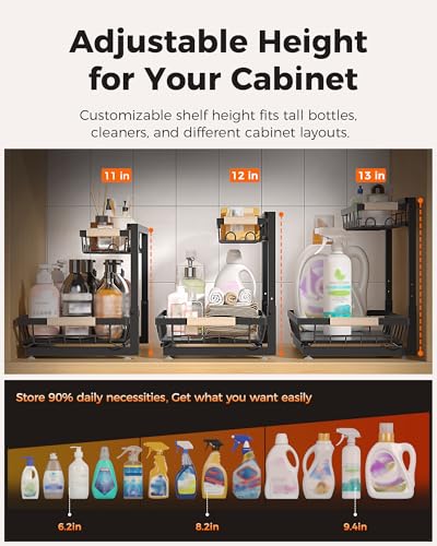 Sevenblue 3 Pack Under Sink Organizer, Height Adjustable 2 Tier Pull-Out Metal Under Kitchen Sink Organizer, Multi-Purpose Storage Shelves for Kitchen Bathroom Cabinet - color: Black