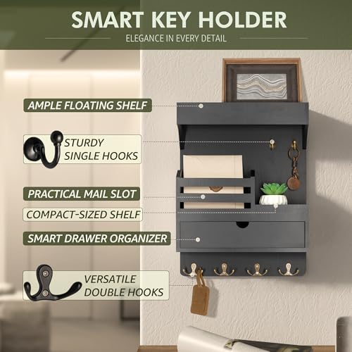 Rebee Vision Modern Key Holder Wall Mount with Drawer Organizer - Pine Wood Mail and Key Organizer with 6 Keys Hooks and Floating Wall Shelf - Stylish Home Decor for Apartment (Black) - color: Black, style: Large Drawer