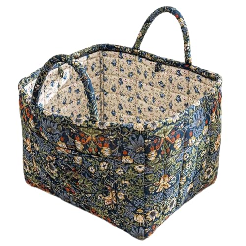 Boho Fabric Storage Basket, Boho Floral Laundry Baskets, Folding Bohemian Style Puffer Quilted Tote, Spring Vintage Storage Bag Organizer Large Capacity with Handle & Front Pocket (Blue) - color: Blue
