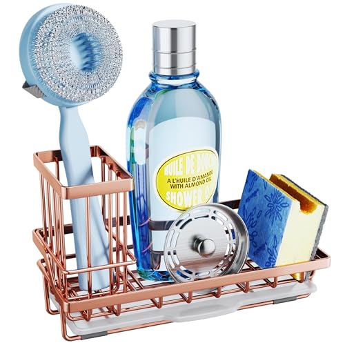 SWTYMIKI Sink Caddy Kitchen Sink Organizer with Detachable Brush Holder, Stainless Steel Sponge Holder with Removable Drip Tray Sponge Caddy for Kitchen Countertop, Rose Gold - color: Rose Gold, size: Medium