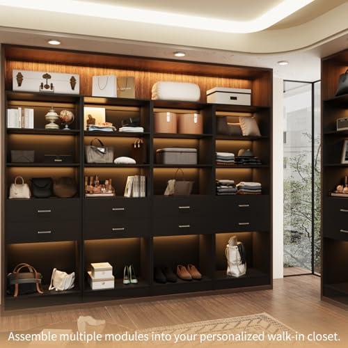VOWNER 50'' Freestanding Closet System with Drawers & Adjustable Shelves & Rod, Wood Walk in Closet Organizer System, Shelving Unit, Garment Rack, Armoire Wardrobe Closet Bedroom Entryway, Black, BC - color: Black