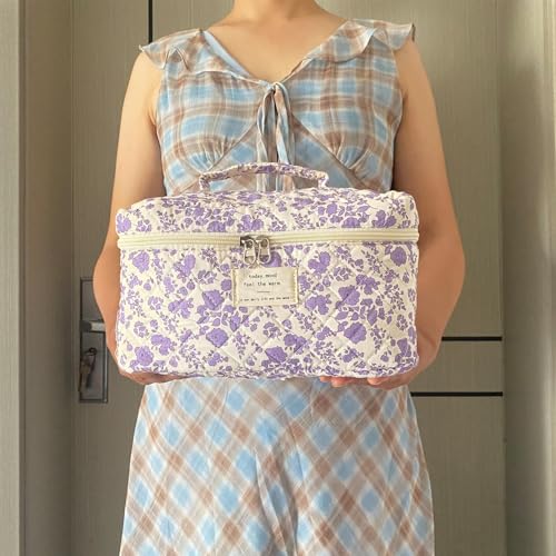 Purple Large Quilted Floral Makeup Bag Cute Soft Coquette Aesthetic Cosmetic Bag Cotton Travel Toiletry Bag for Women - color: A-Purple