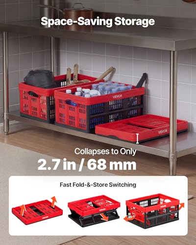 VEVOR Plastic Collapsible Storage Bins, 32L 3 Packs, Stackable Folding Storage Crates with Handles, Holds 26 lbs Per Bin, Foldable Heavy Duty Containers, Space-Saving Baskets, for Home Organizing - size: 32L-Red-3PC