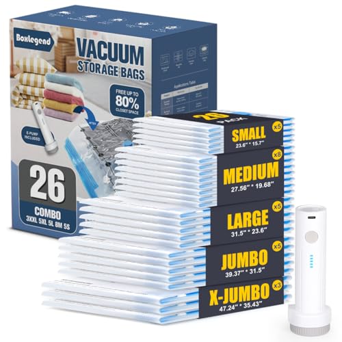 BoxLegend Vacuum Storage Bags with Electric Pump 26 Combo (3X-Jumbo, 5 Jumbo, 5 Large, 8 Medium, 5 Small) Thickened Vacuum Seal Bags for Clothing Space Saving for Coat Quilt Blanket Pillow Comforters - size: 26 PACK-Electric Pump